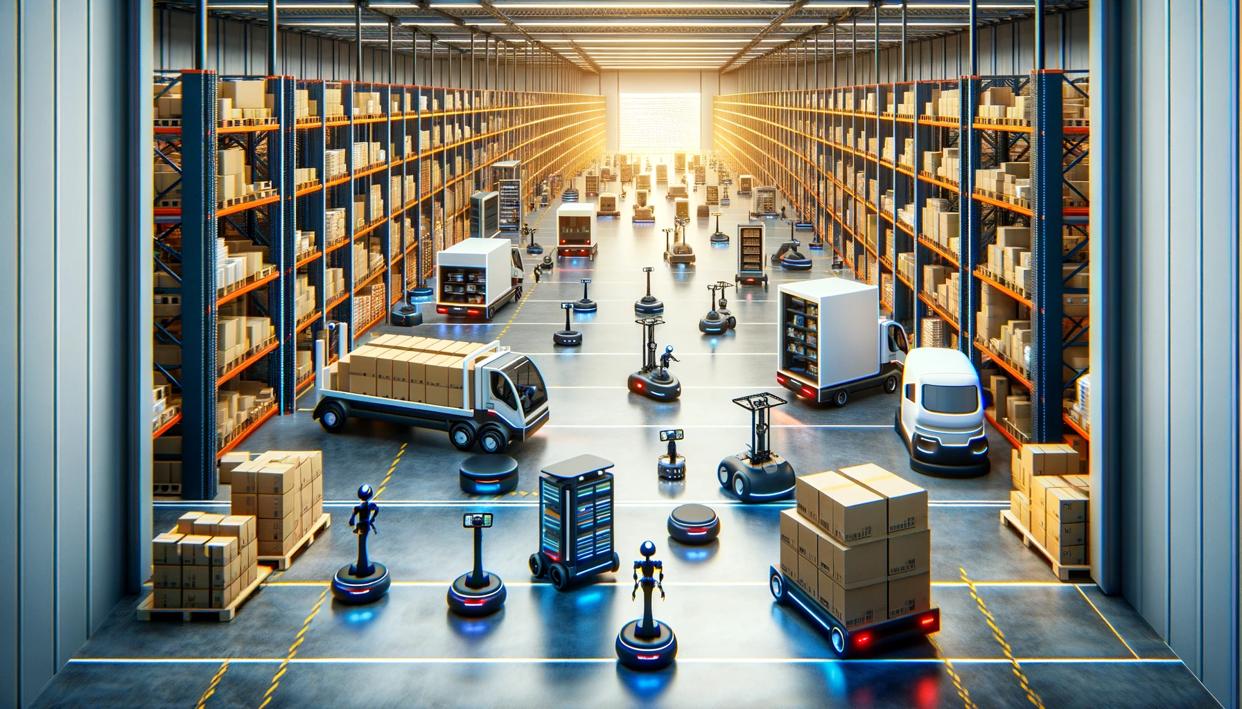 AMRs, AGVs, in a warehouse