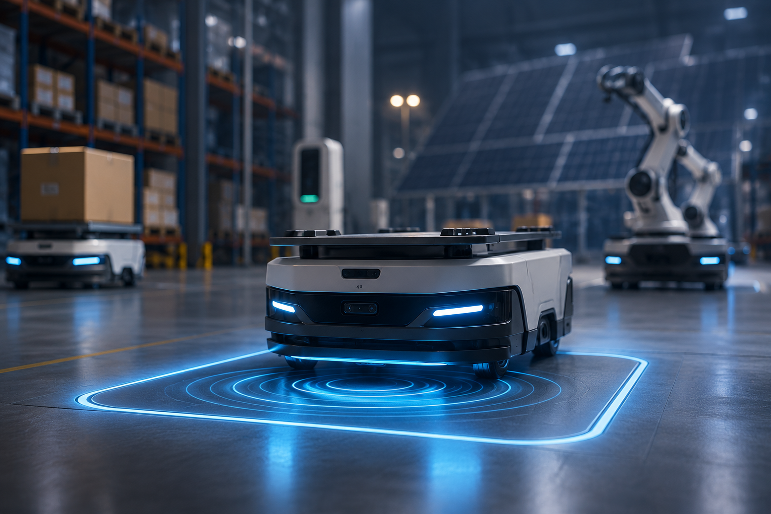 Autonomous mobile robot charging over an embedded     | wireless power transfer pad during active operations.